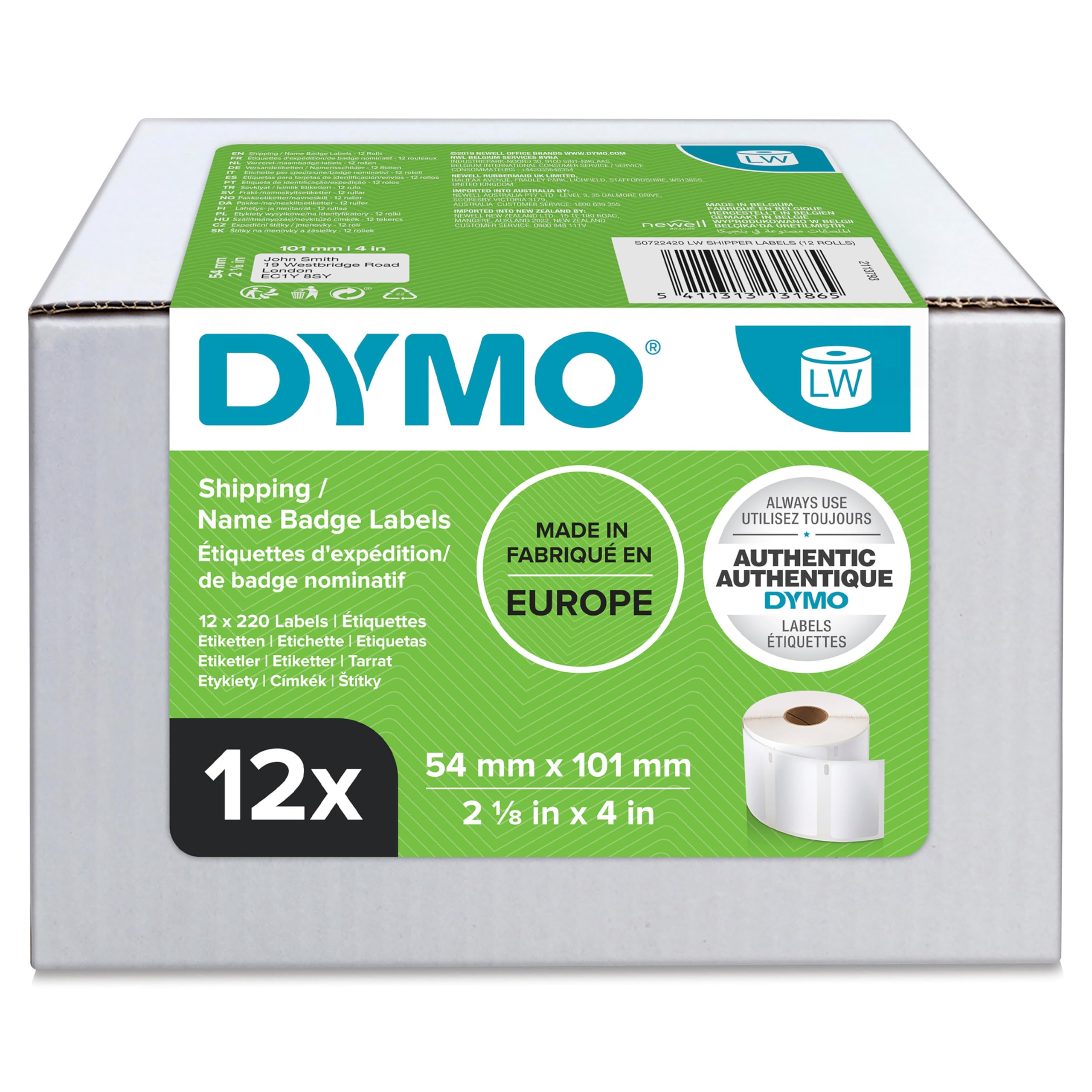 Authentic LabelWriter Large Shipping Labels/Name Badges | 54mm x 101mm | 12 Roll