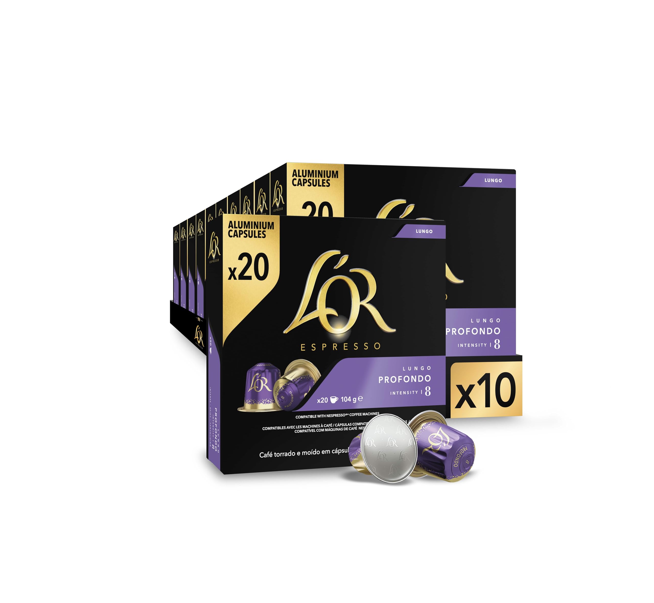 Espresso Lungo Profondo Coffee Pods x20 Intensity 8 (Pack of 10, Total 200 Capsu