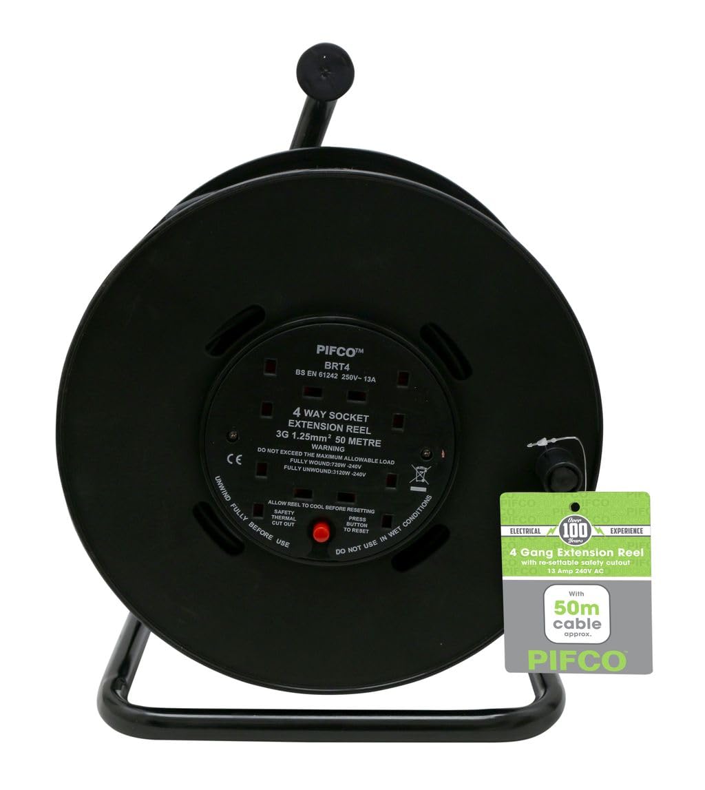 Extension Reel, 4 Way Socket with 50 Metre Cable, Heavy Duty with Resettable Saf