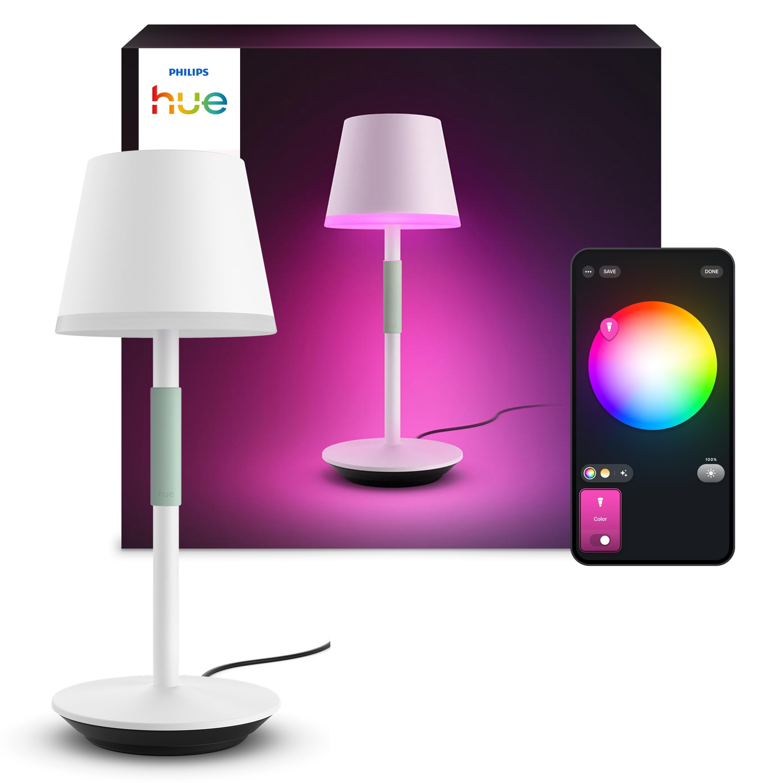 Go Smart Portable Table Lamp [Downlight - White] Rechargeable Lamp, White & Colo