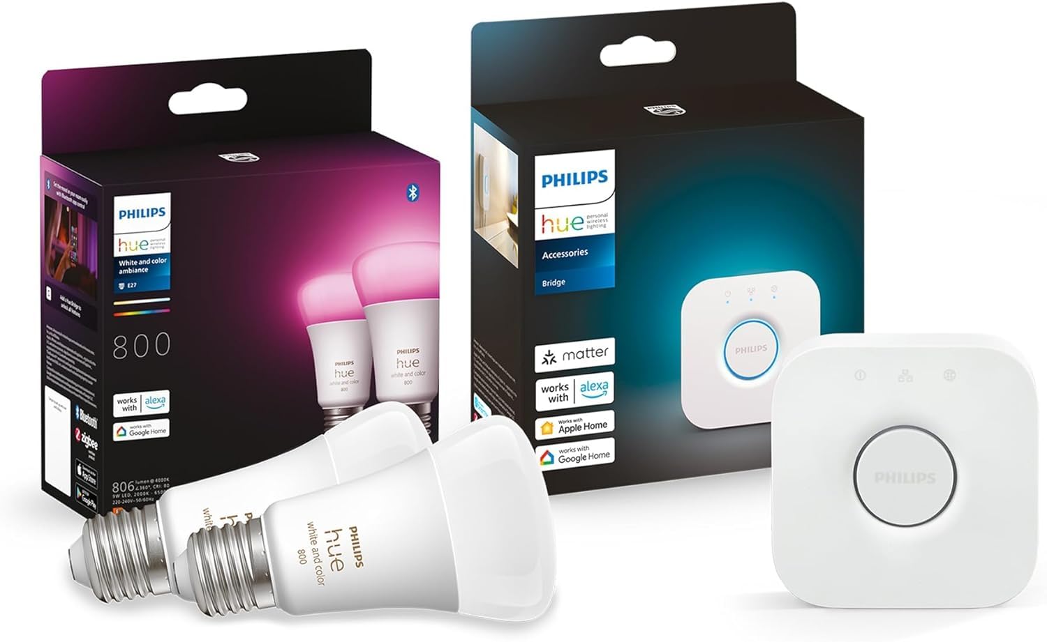 White and Col. Amb. E27 2 Pack 800lm + Hue Bridge