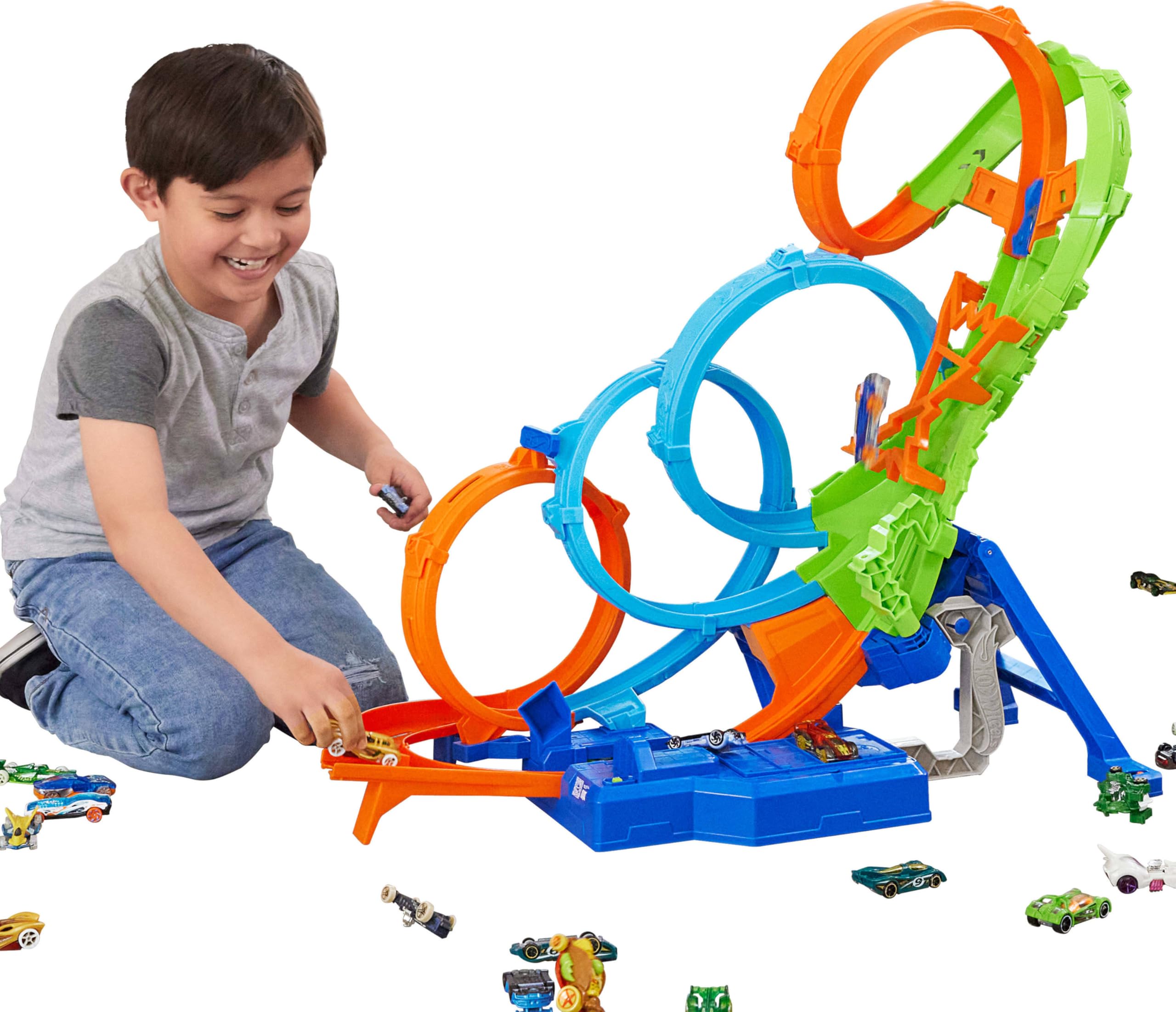 Wheels Track Set with 4 Loops, 3-Way Crash Zone & Motorized Booster, Folds for S