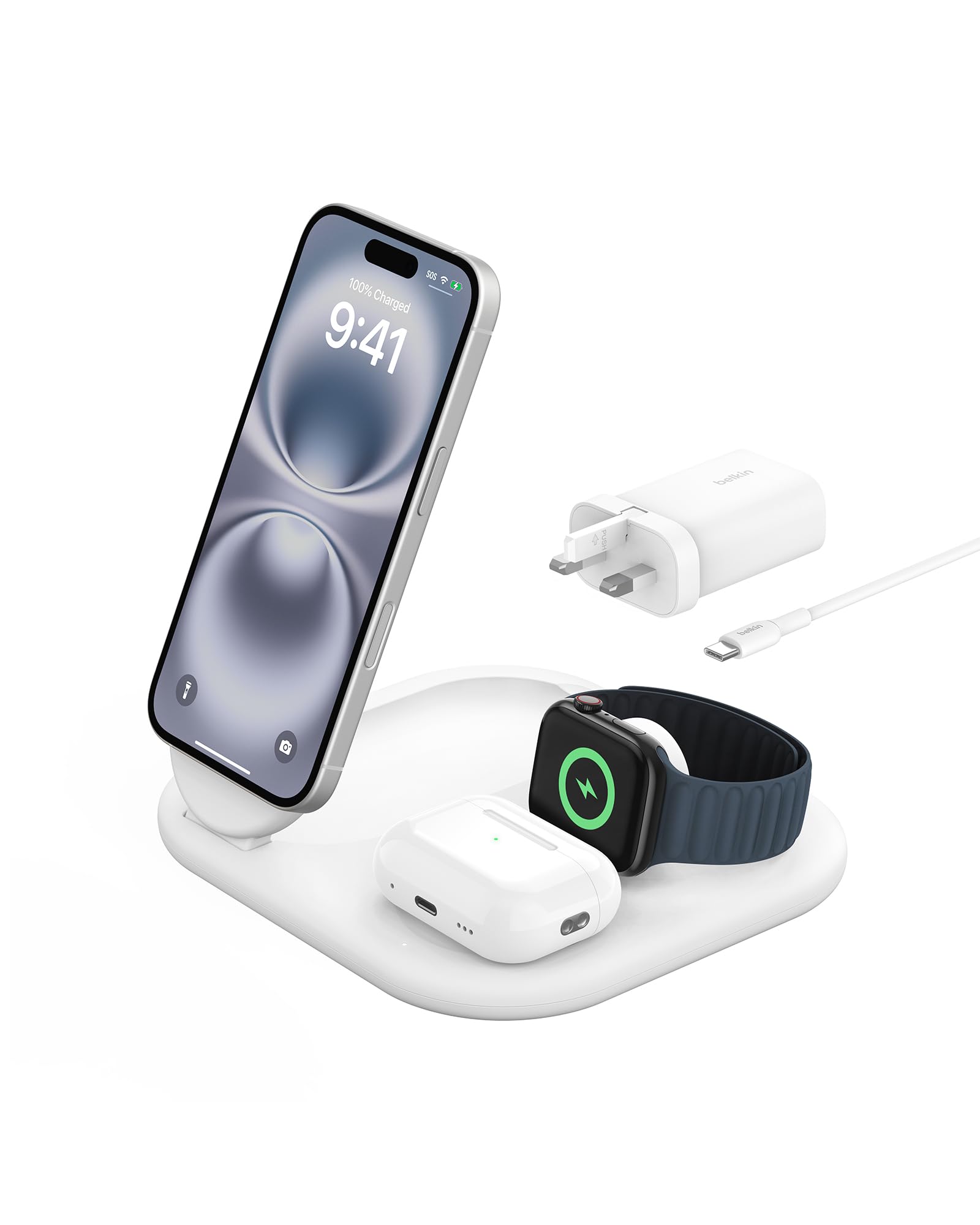 BoostCharge 3 in 1 Foldable Charging Station with Qi2, 15W - White