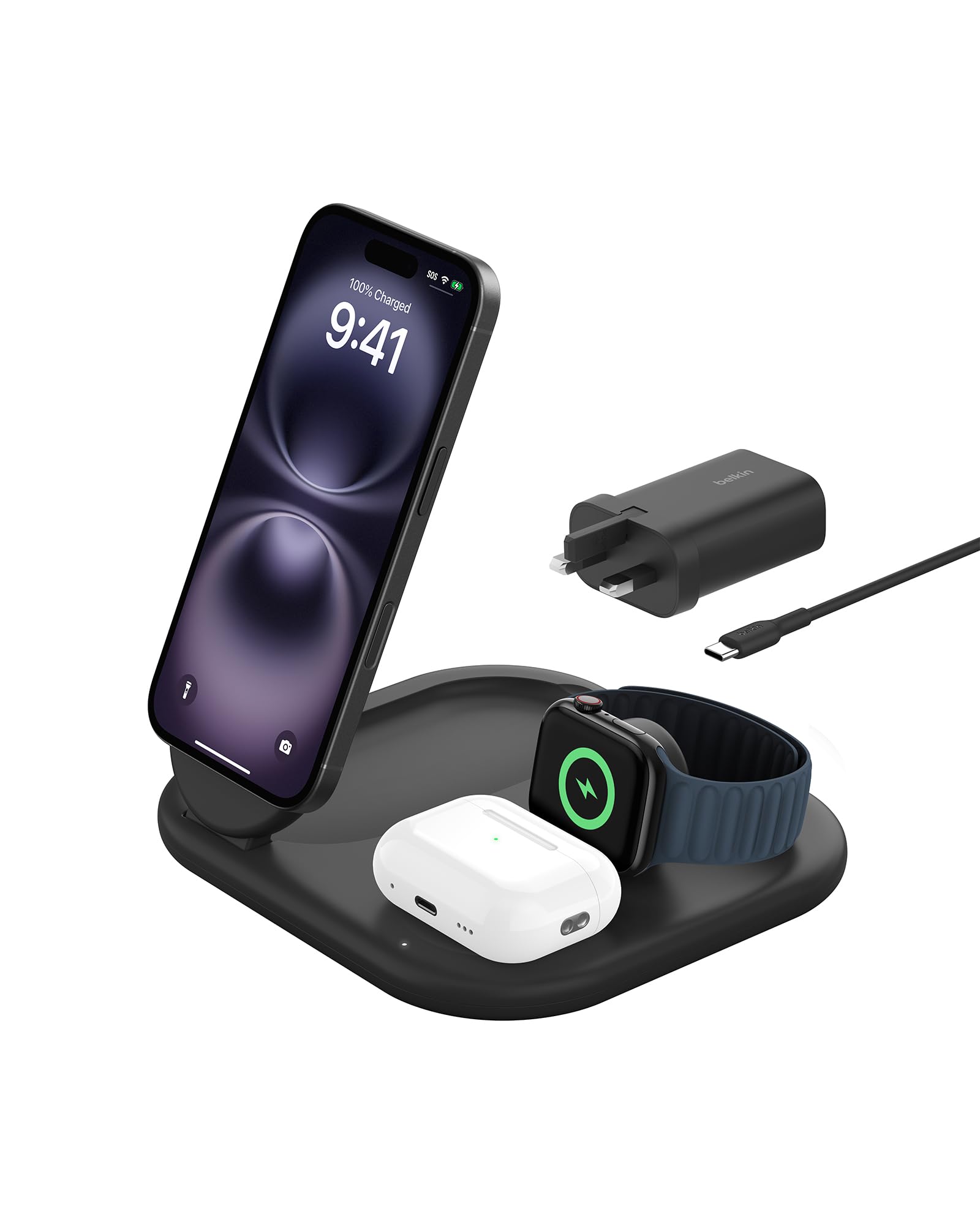 BoostCharge 3 in 1 Foldable Charging Station with Qi2, 15W - Black
