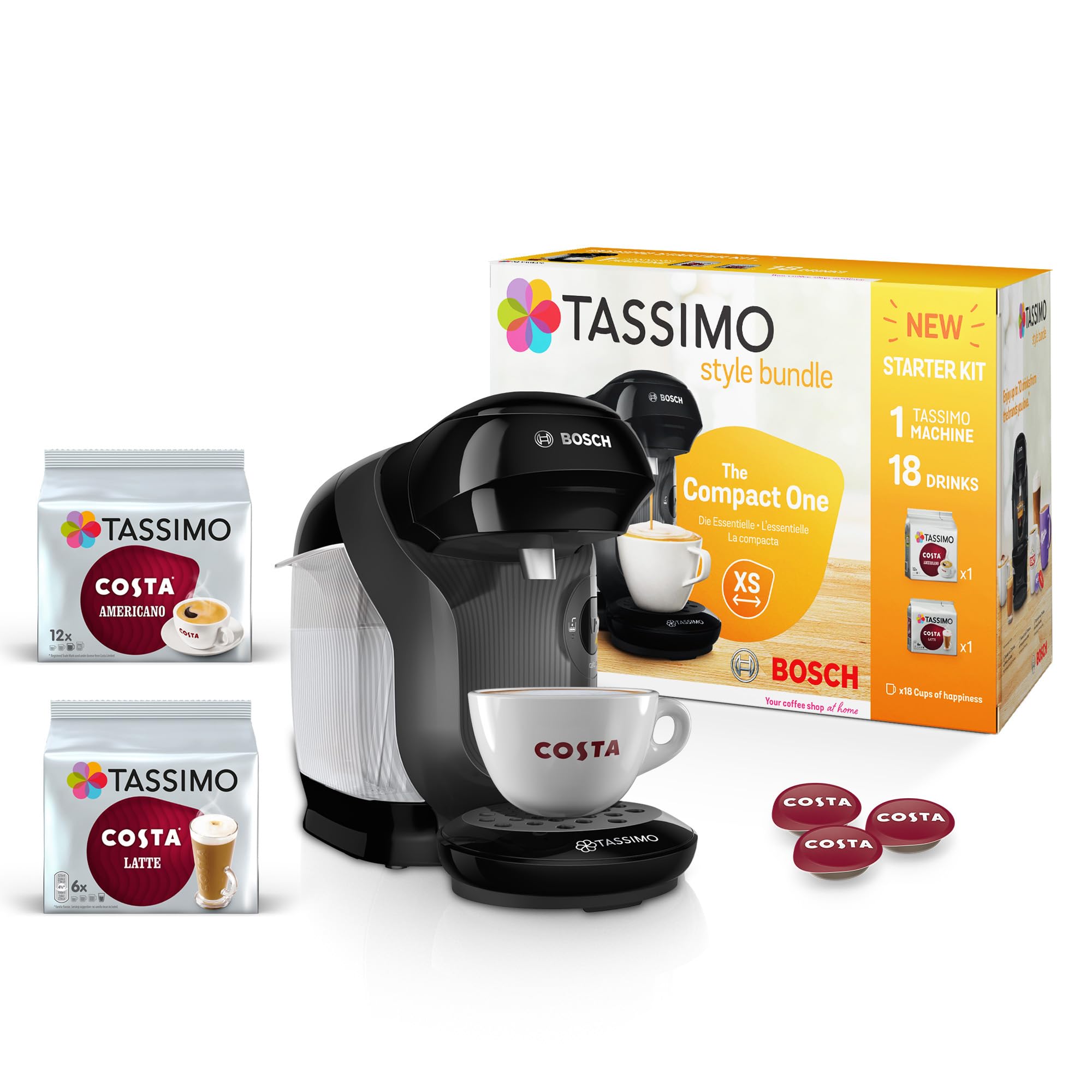 Tassimo by Bosch Style Pod Coffee Machine with Costa Americano & Costa Latte Sta
